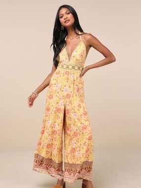 Lulus Blissful Presence Yellow Floral Crochet Lace Halter Jumpsuit - Size XL